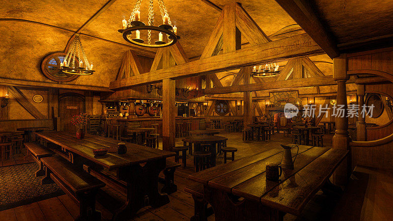 黑暗忧郁的中世纪酒馆酒吧内部的食物和饮料在桌子上。明火在房间里燃烧。3 d演示。